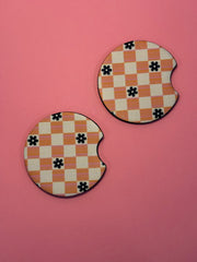 Orange Checkered with Flowers - Car Coaster (Pack of 2)