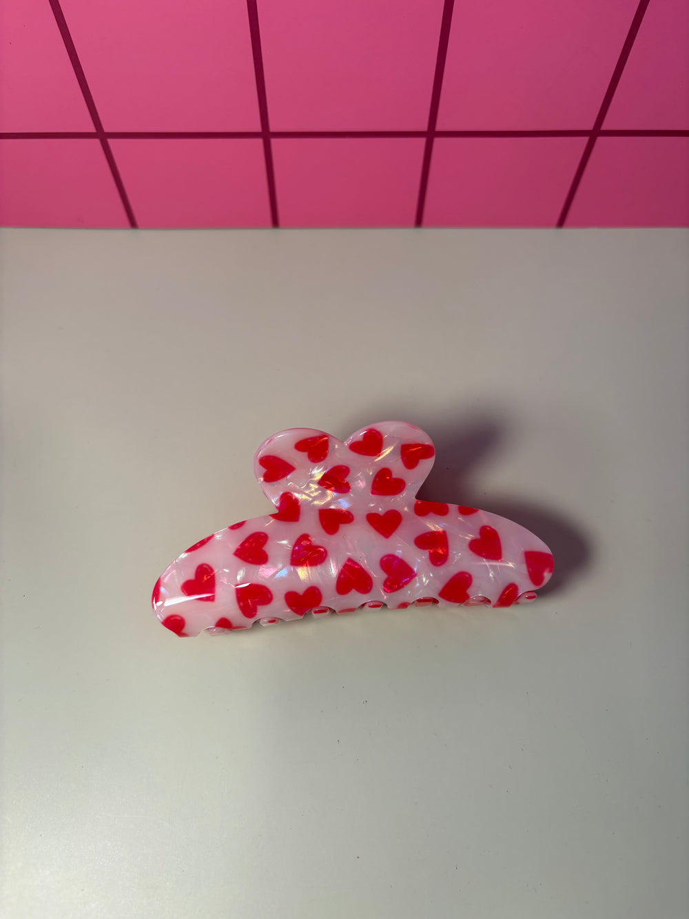 Pink and White Iridescent with Hearts  -  Claw Clip