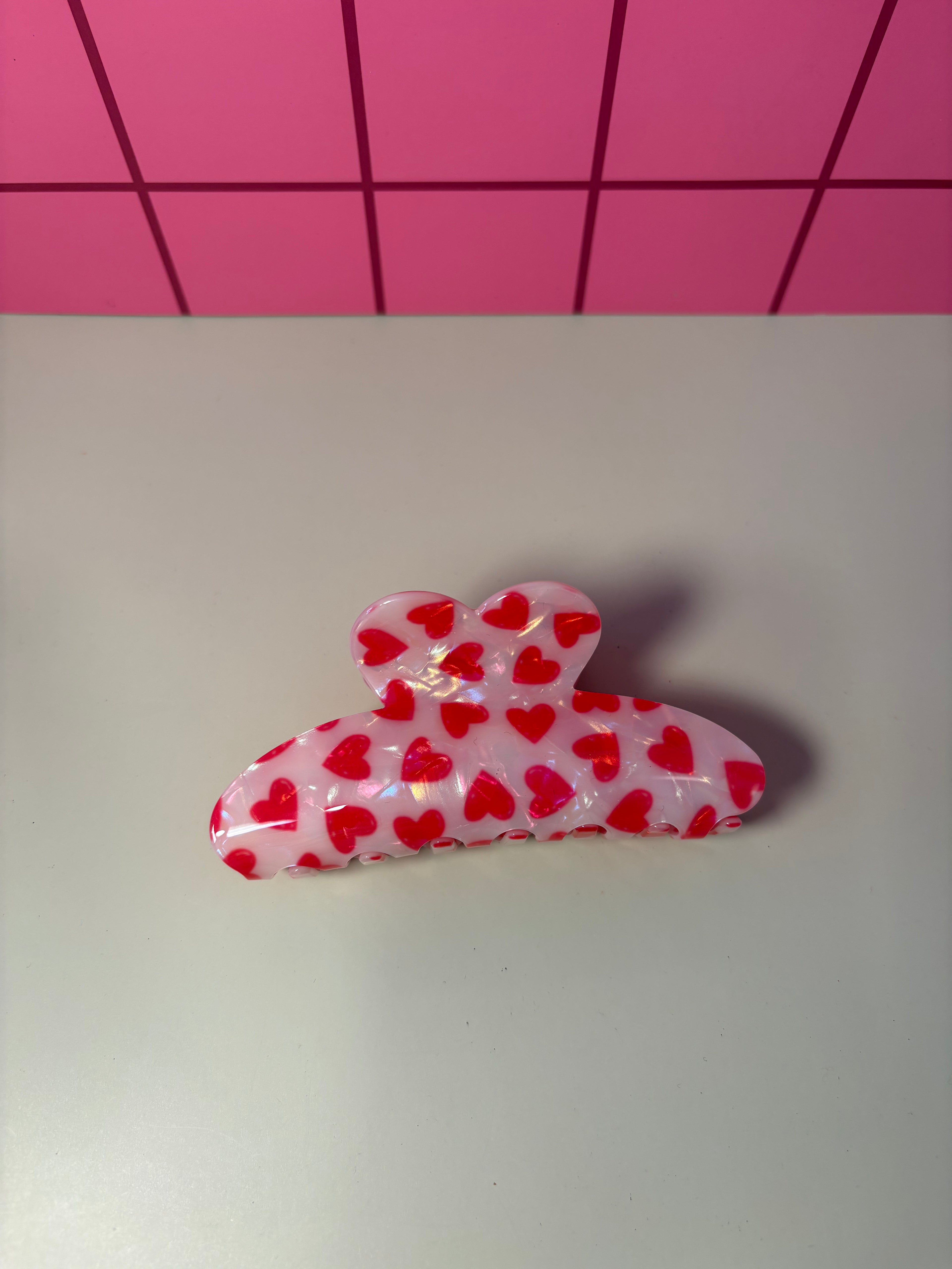 Pink and White Iridescent with Hearts  -  Claw Clip