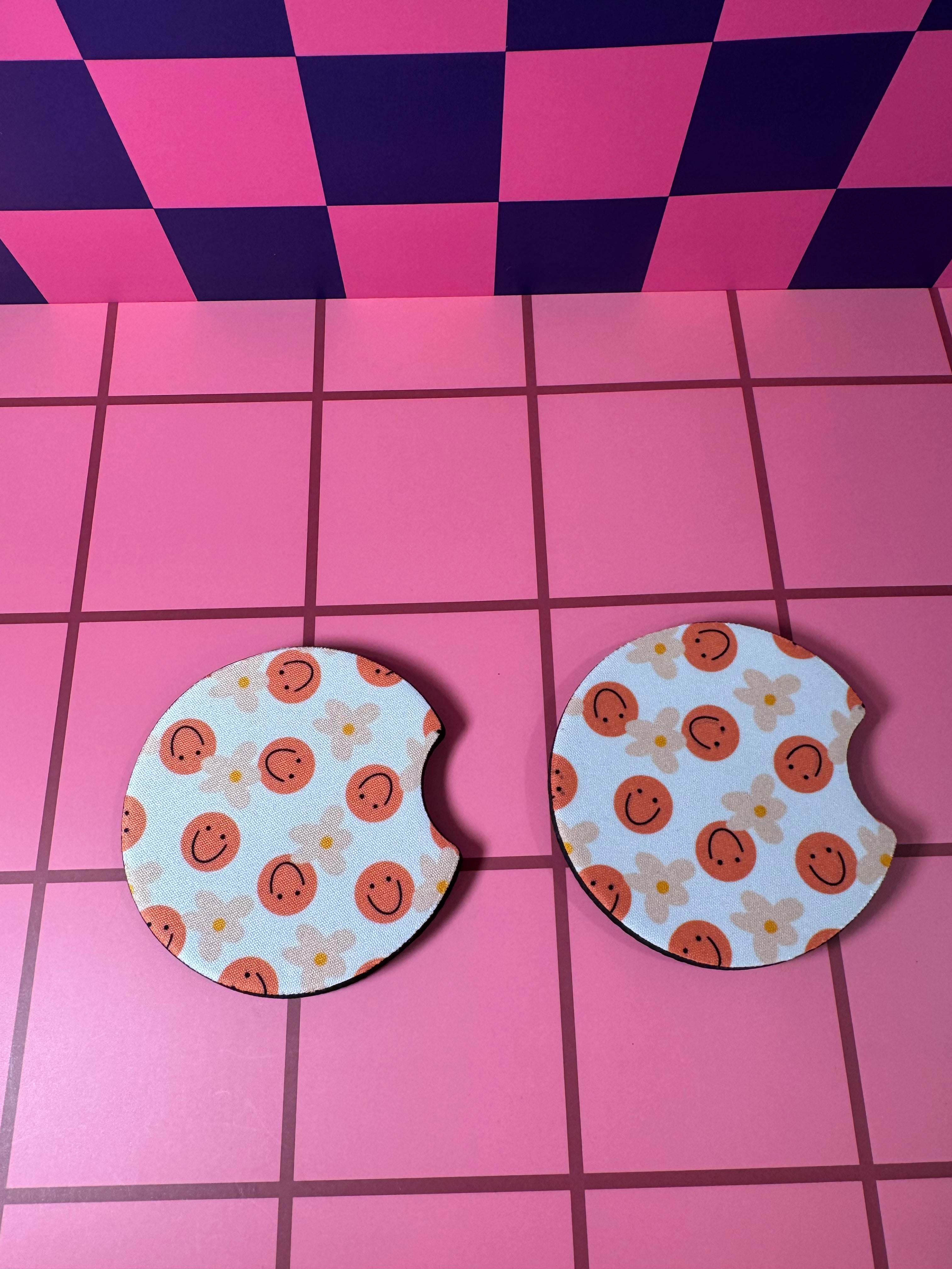 Pink Smileys and Flowers Car Coaster (Pack of 2)