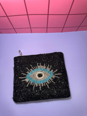 XL Black Evil Eye - Beaded Pouch