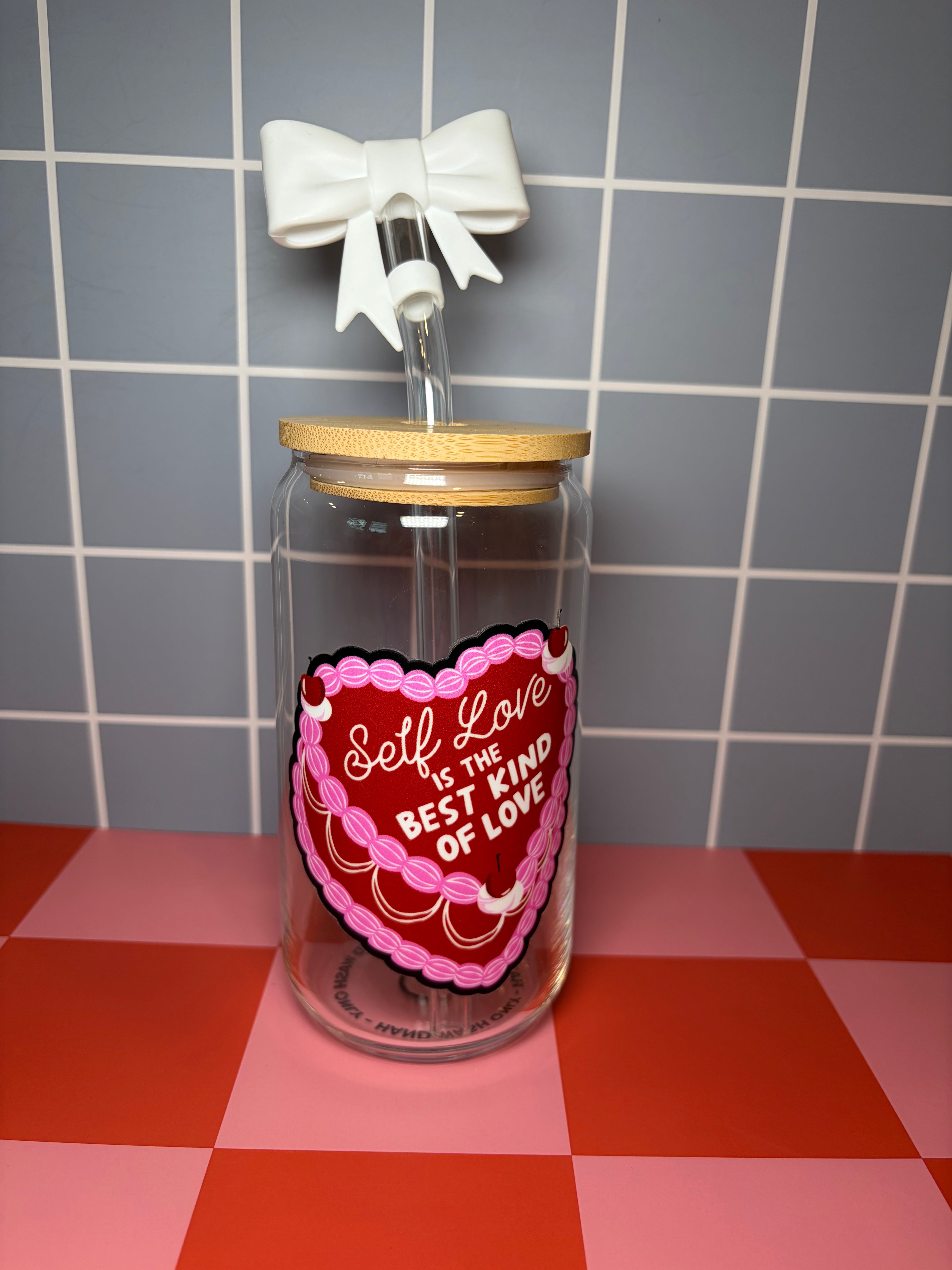 Self-love heart inspirational glass can with straw topper
