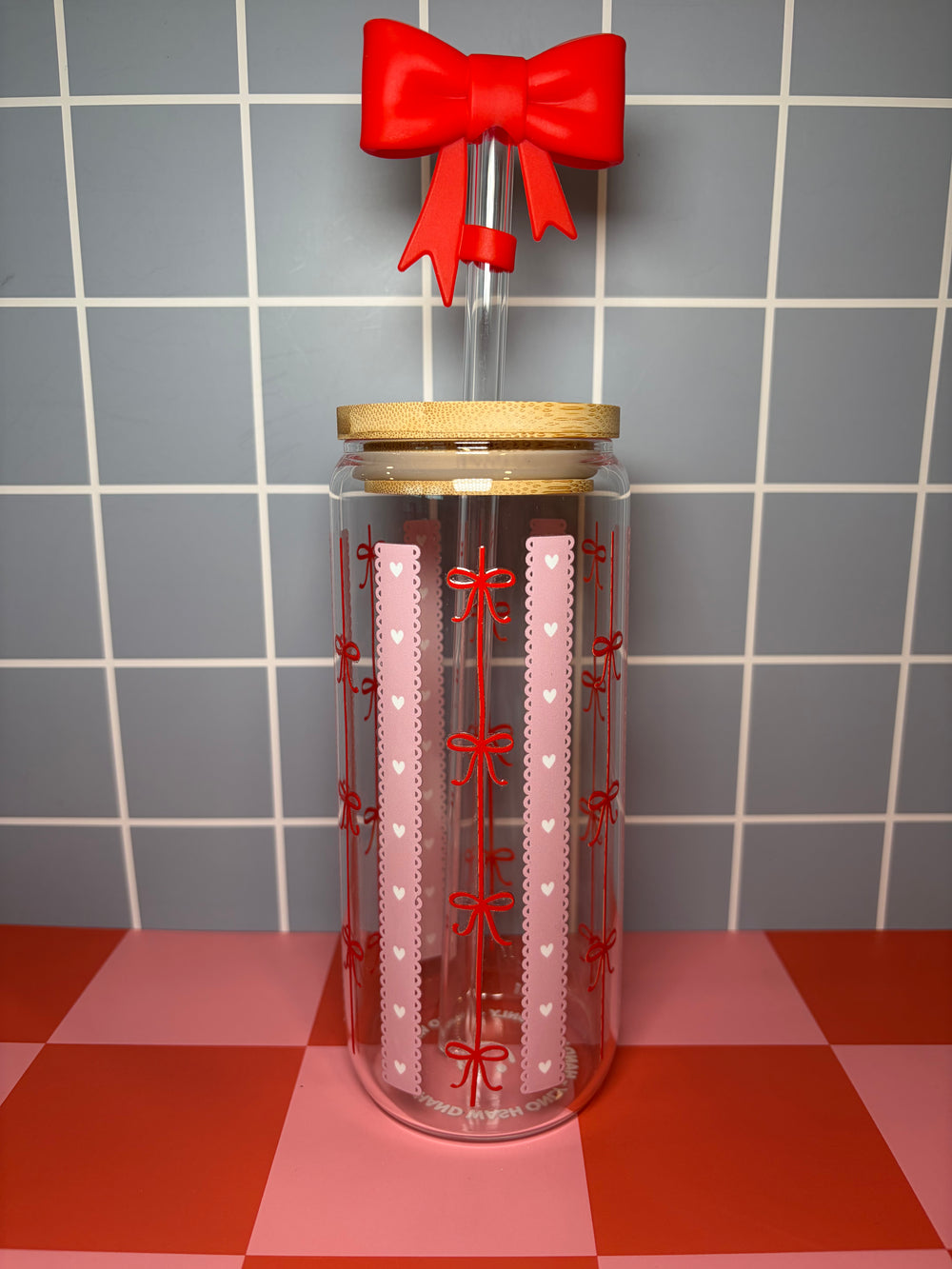Girly Red Bows & Hearts - 20 Oz Glass Can