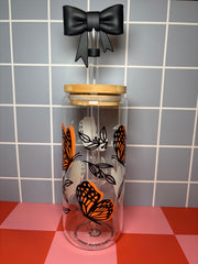 Orange & Black Butterflies - 20 Oz Glass Can