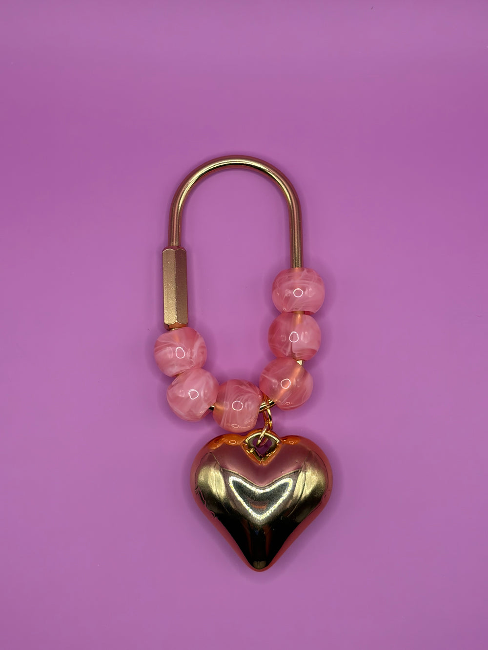 Pink Beads with Gold Heart - Small Bag Charm