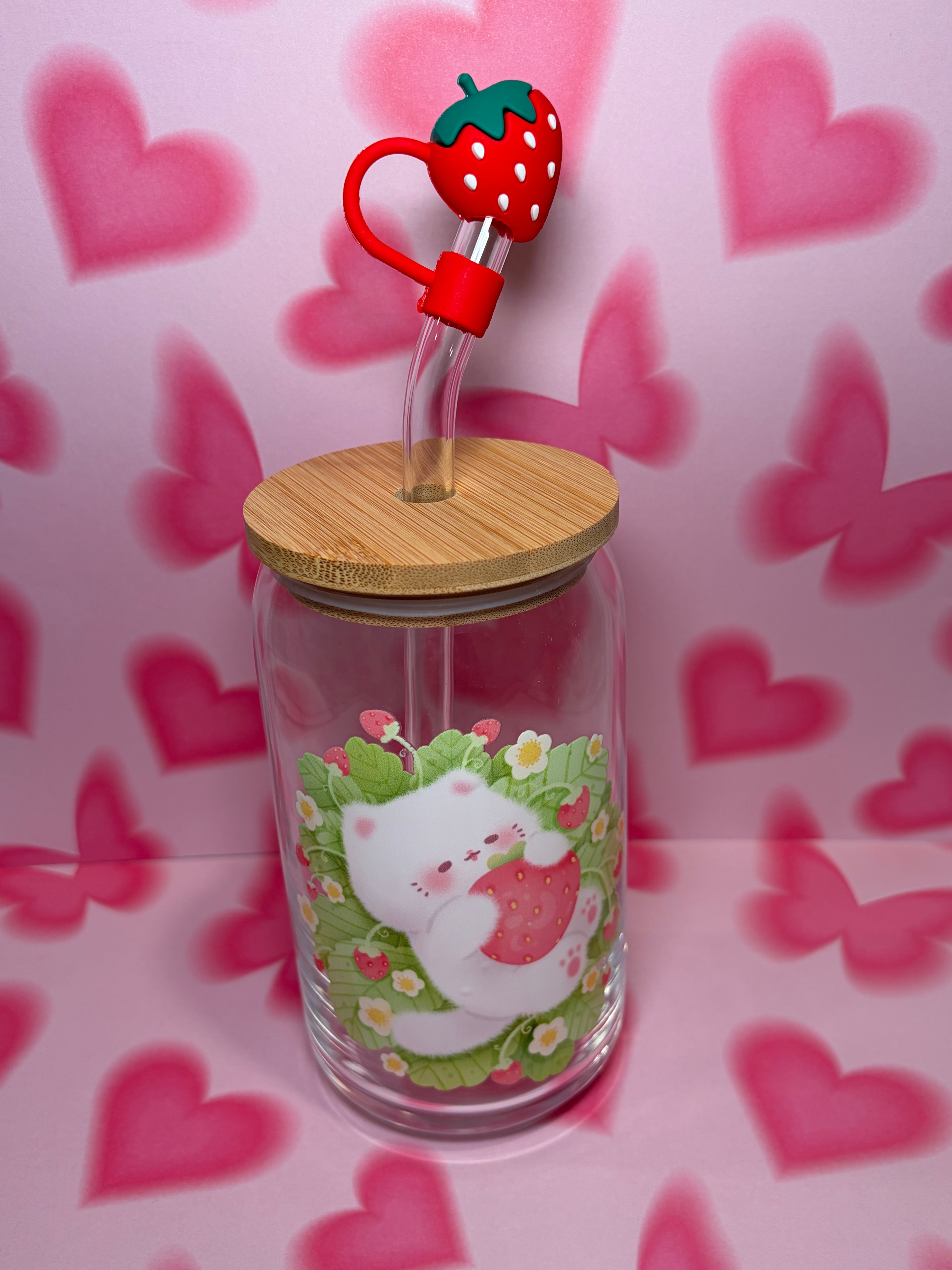 Cat with Strawberry - 16 Oz Glass Can