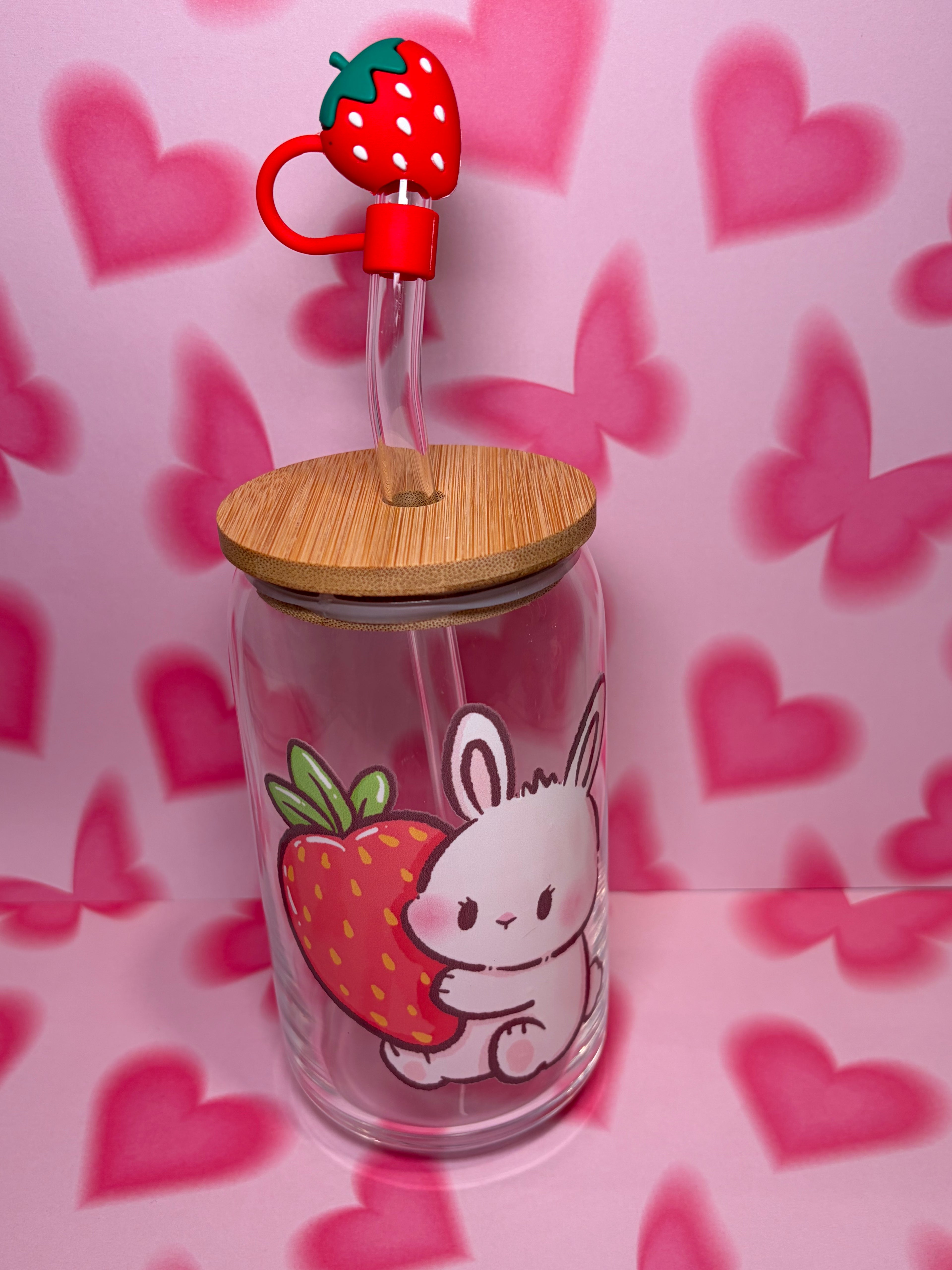 Bunny with Strawberry - 16 Oz Glass Can