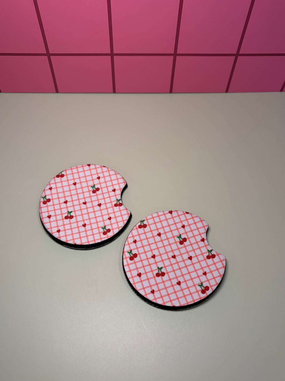 Plaid Cherries - Car Coaster (Pack of 2)