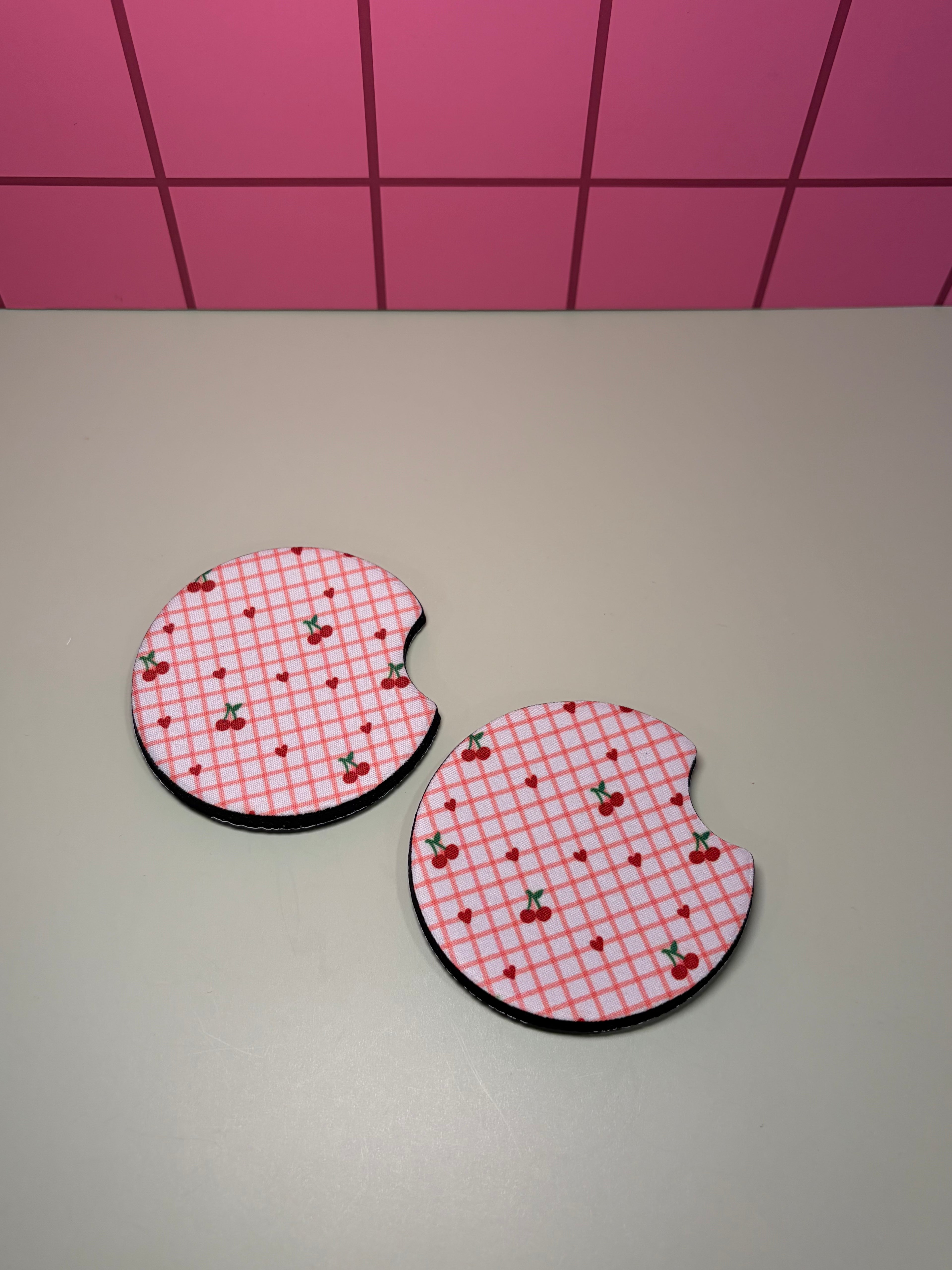 Plaid Cherries - Car Coaster (Pack of 2)