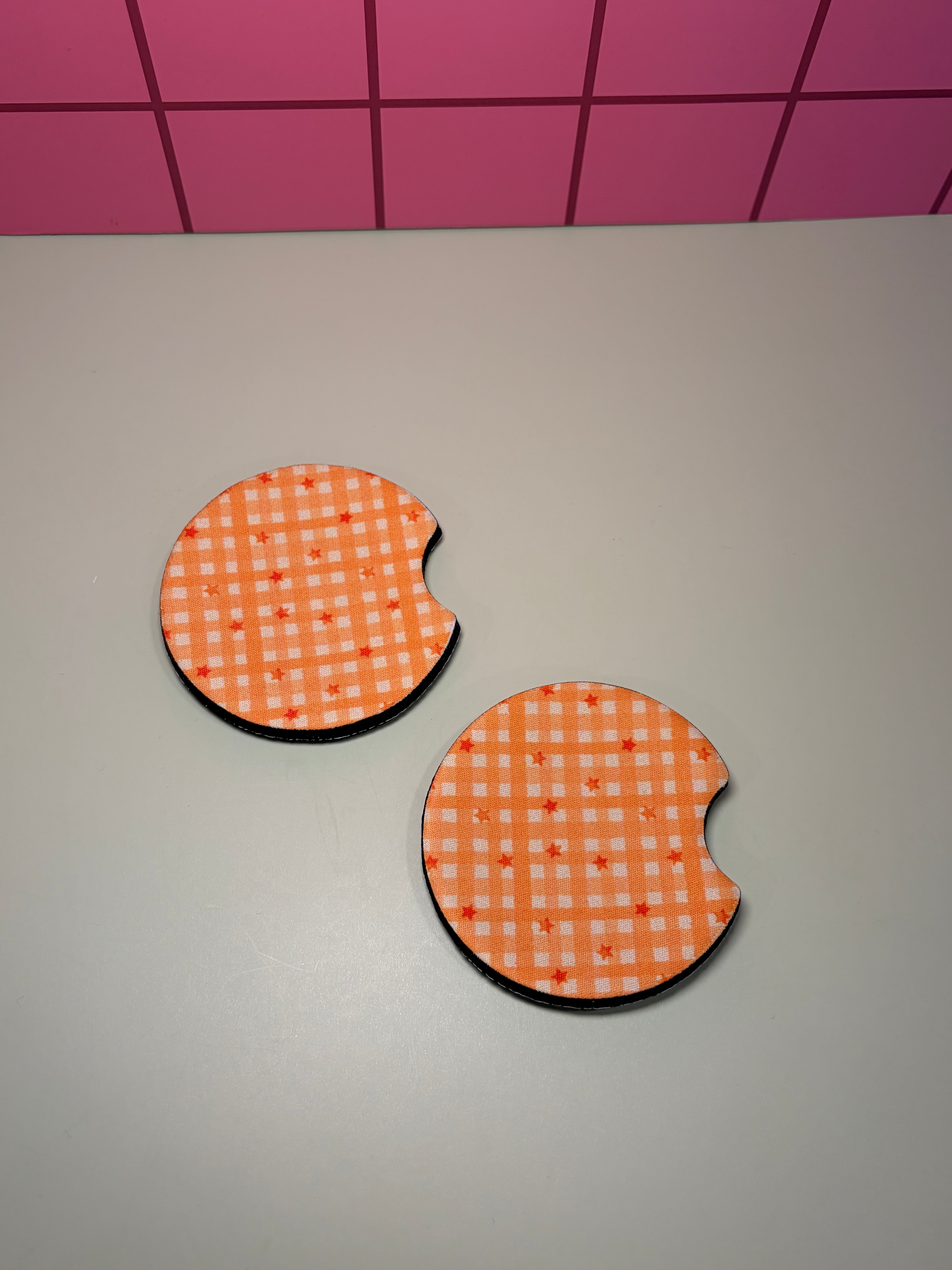 Orange checkered - Car Coaster (Pack of 2)