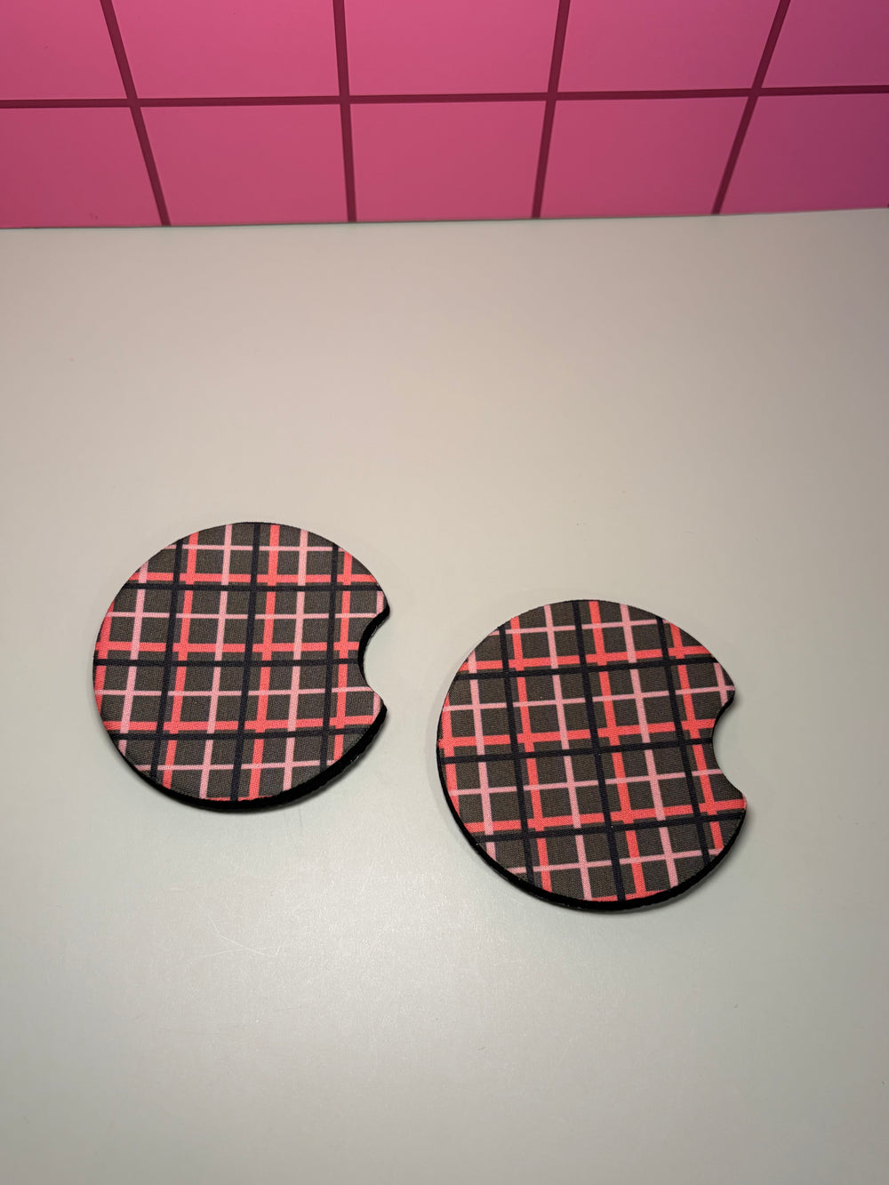 Pink & Gray Plaid - Car Coaster (Pack of 2)