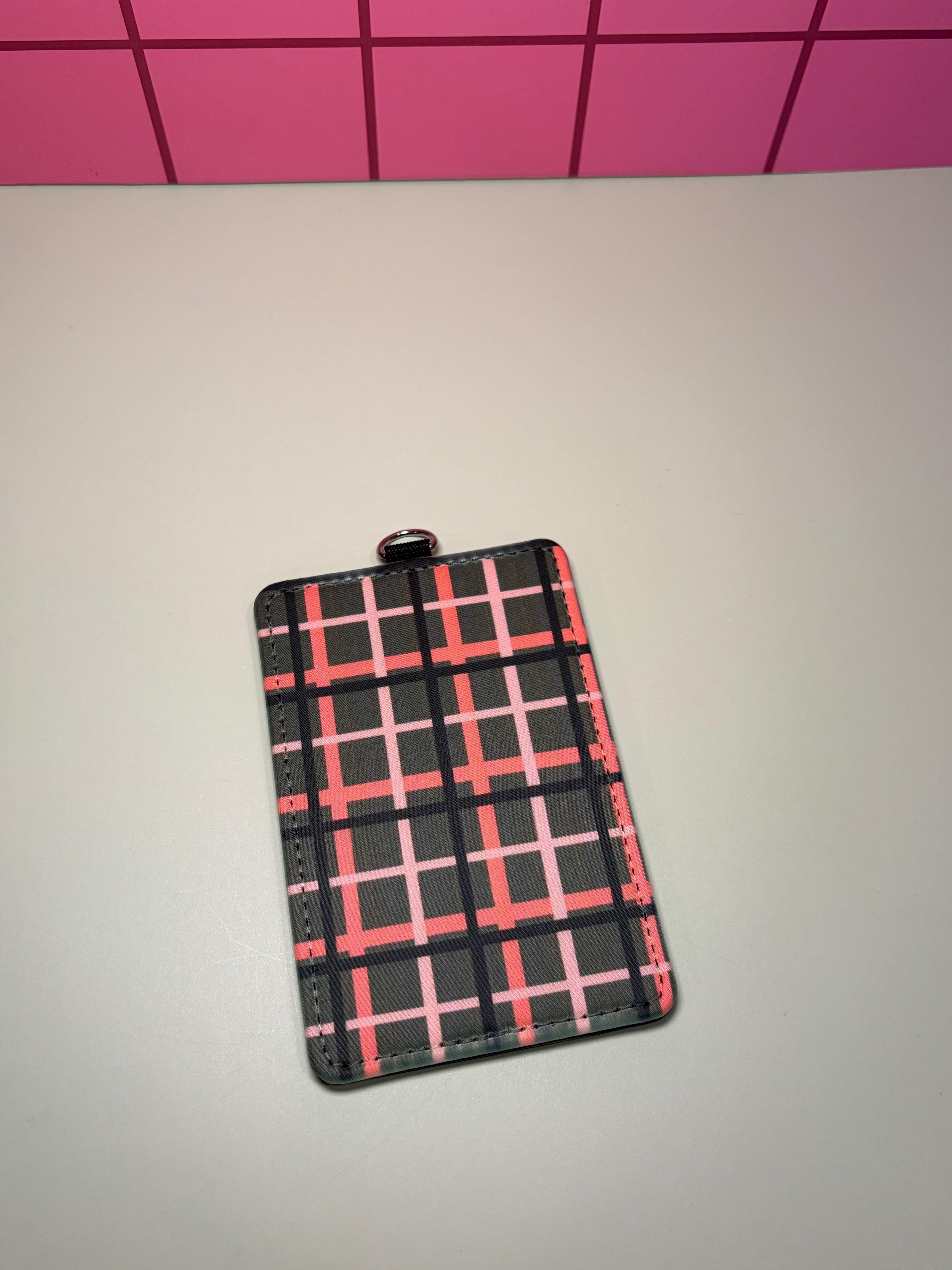 Pink & Gray Plaid - ID Badge Holder with Lanyard