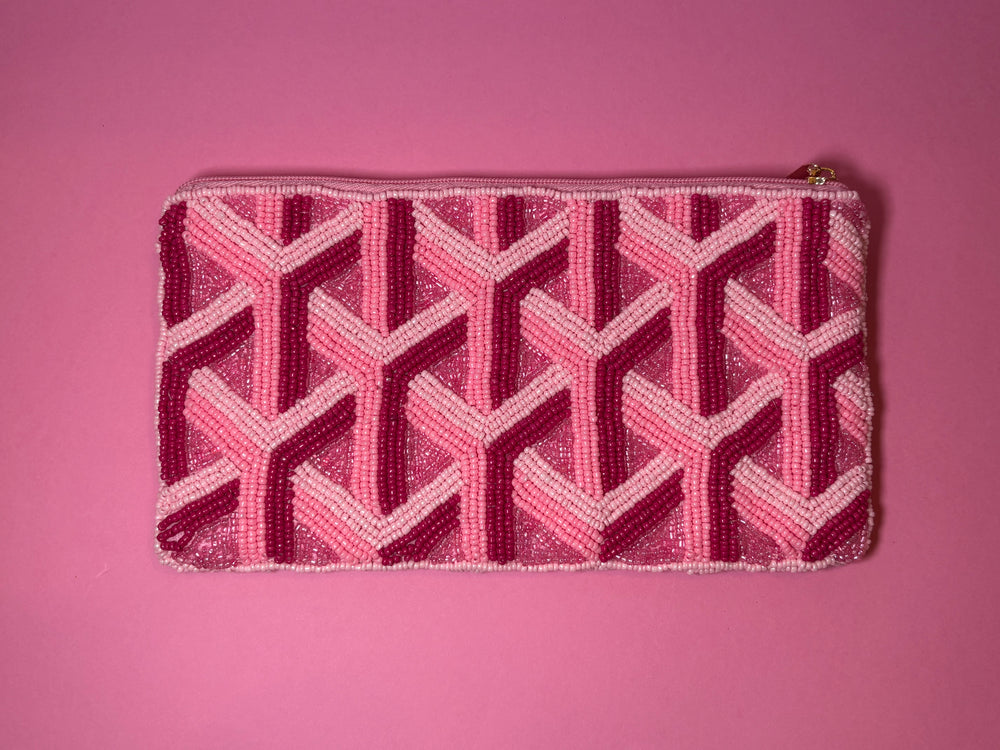 Pink Lattice - Large Beaded Pouch