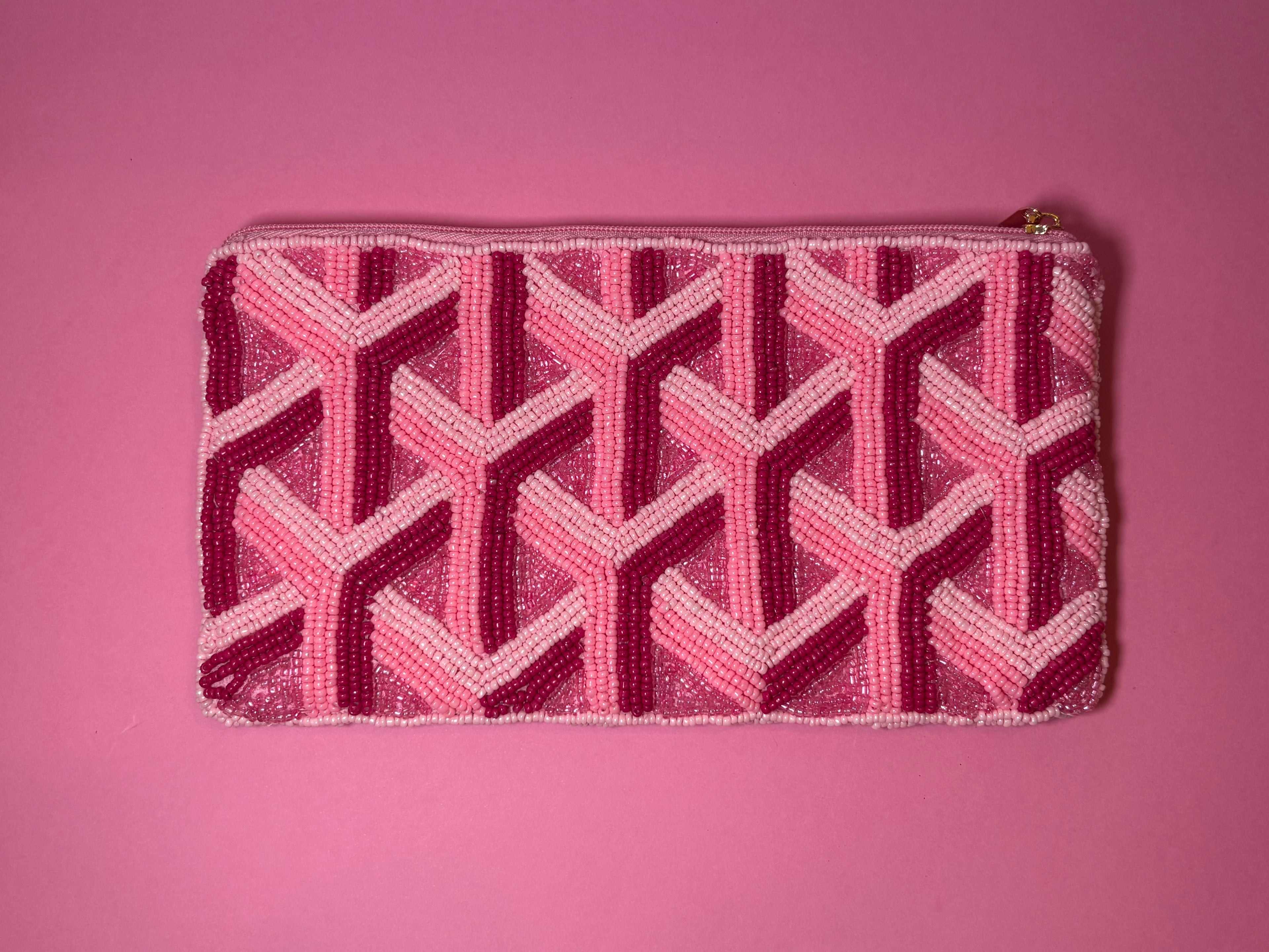 Pink Lattice - Large Beaded Pouch