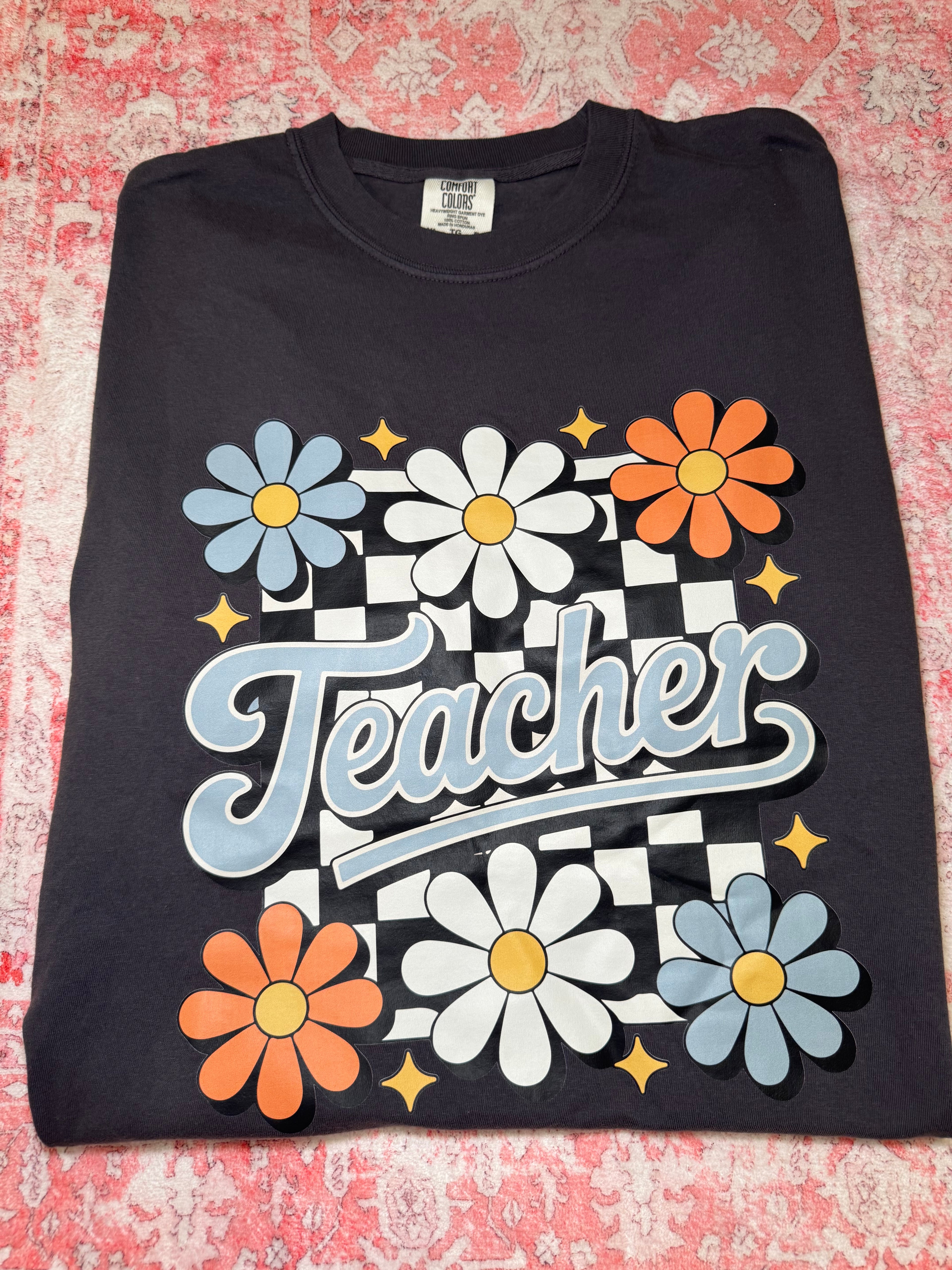 Retro Floral Teacher Graphic - Short Sleeve T-Shirt