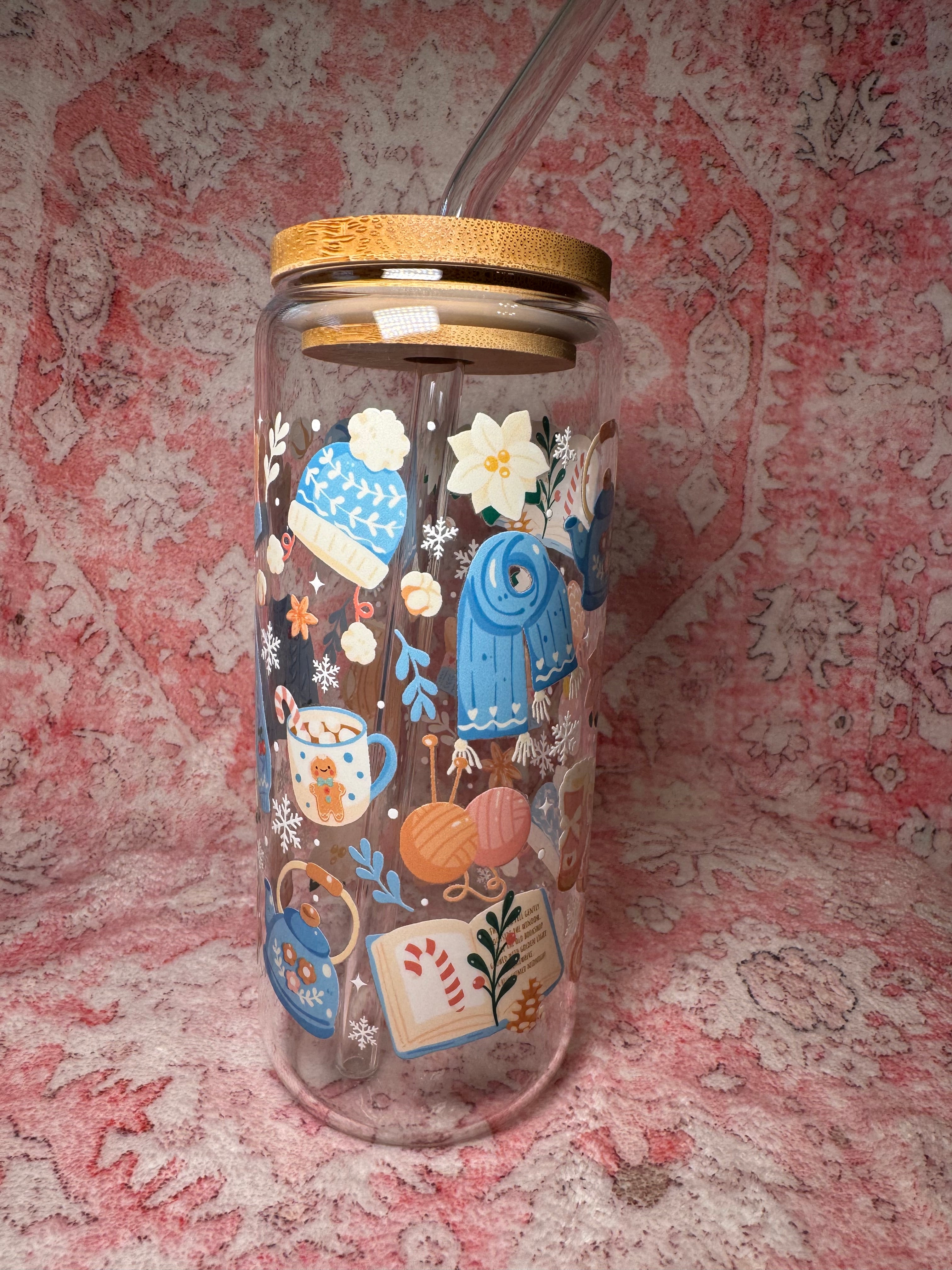 Whimsical Blue Christmas - 20 oz Glass Can