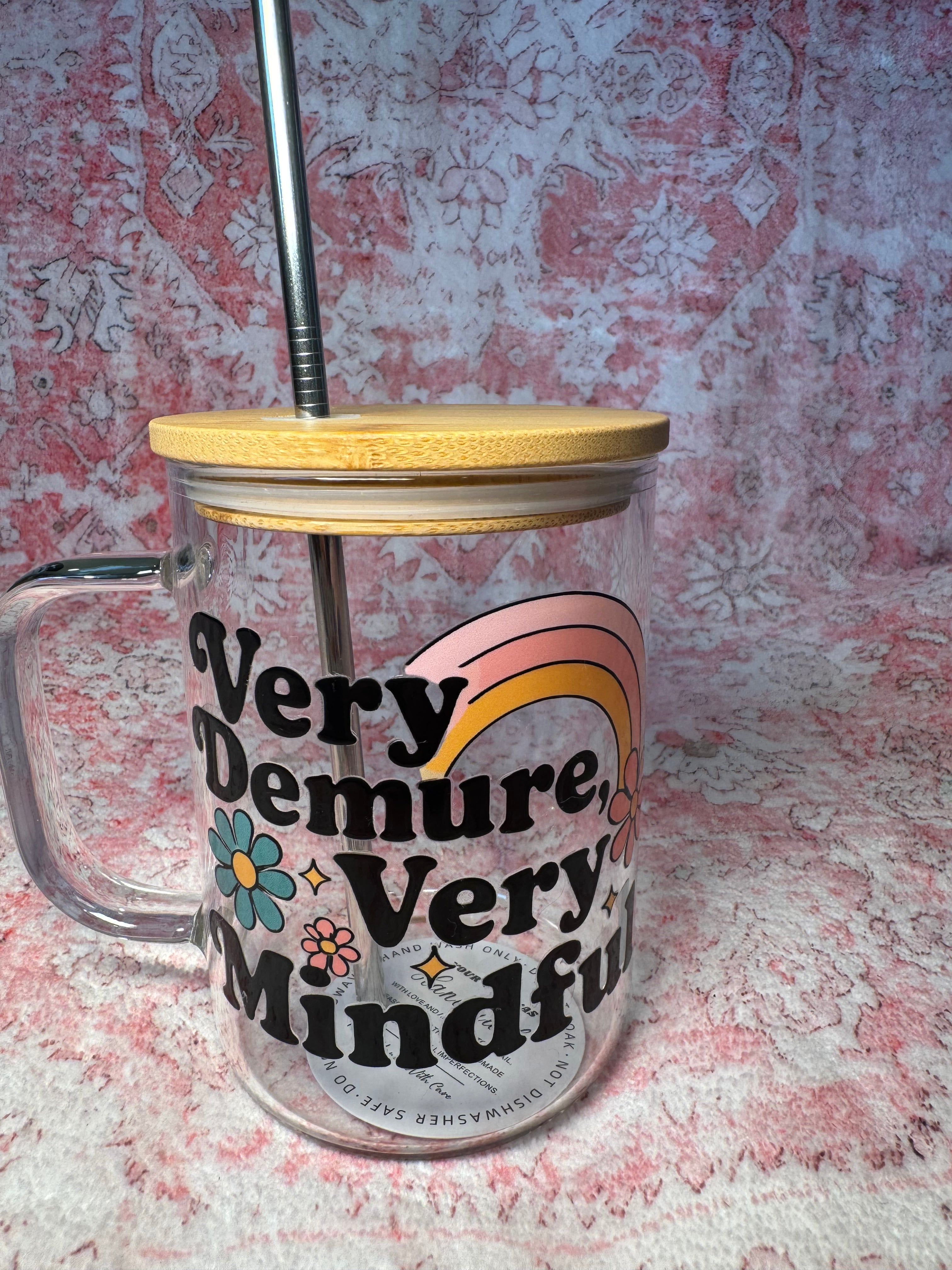 Very Demure Very Mindful - Glass Mug with Lid