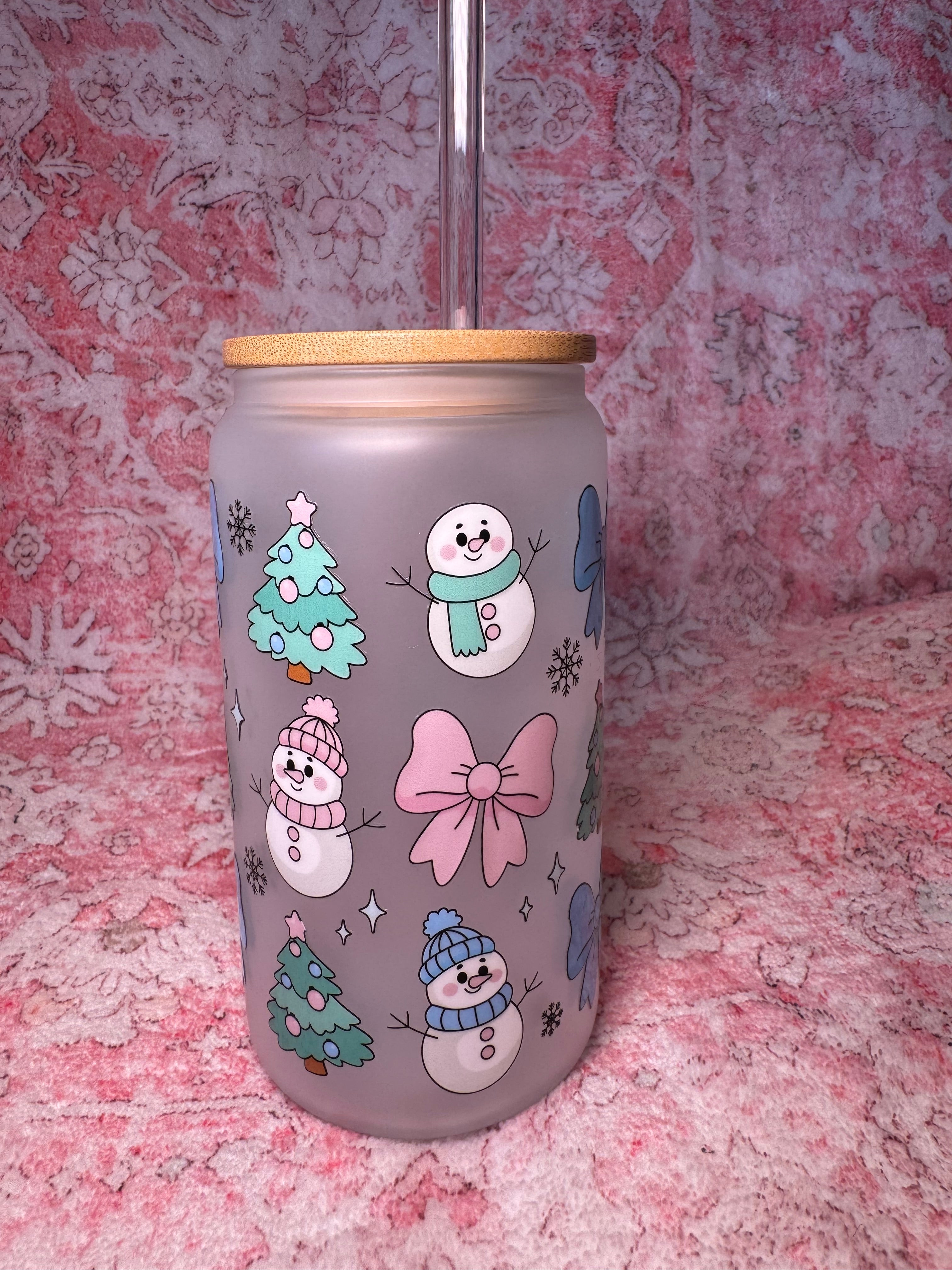 Snowmen & Christmas Trees - 16 oz Glass Can