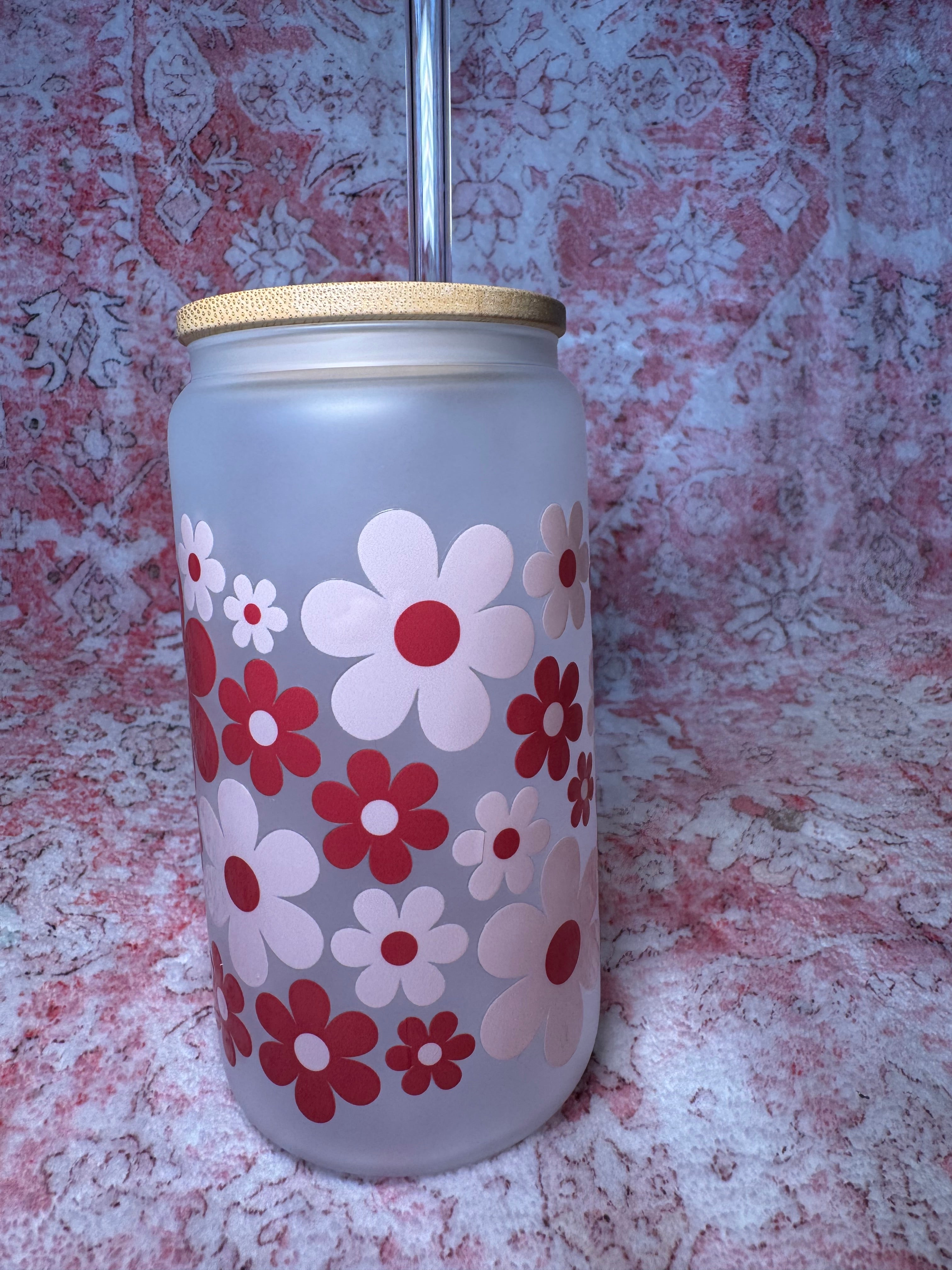 Retro Pink and Red Flowers - 16 oz Glass Can