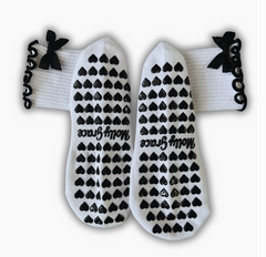Molly Grace - Black & White Bow Grip Non Slip Sock with Heart Grips