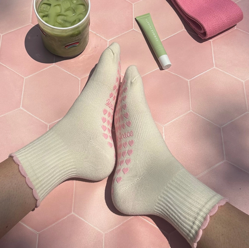 Molly Grace - Cream Grip Sock with A Pink Ruffle – Molly Grace - Cream Grip Sock with A Pink Ruffle One size fits most