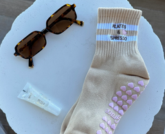 Molly Grace - Pilates & Espresso Tan Grip Sock with Pink Heart Grips